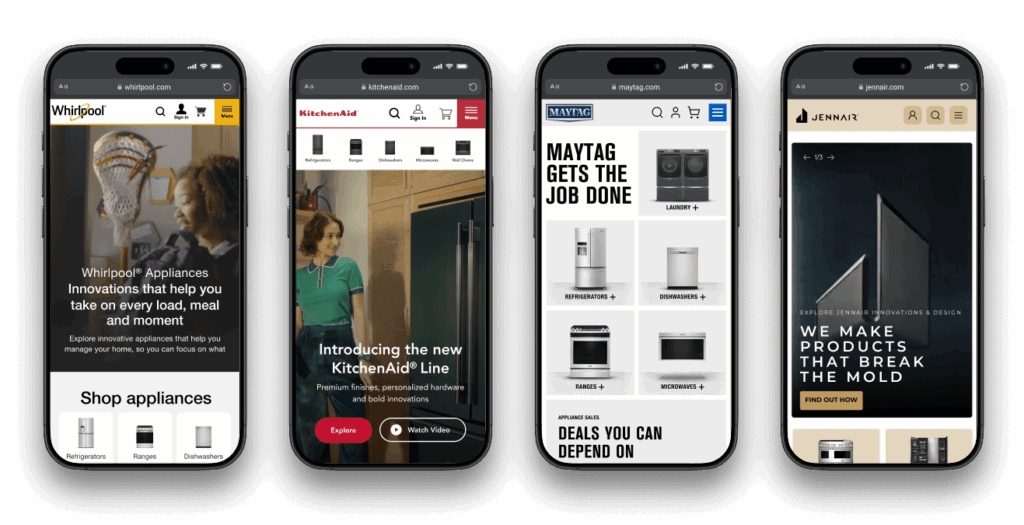 A showcase of mobile website home pages for Whirlpool, KitchenAid, Maytag, and JennAir brands