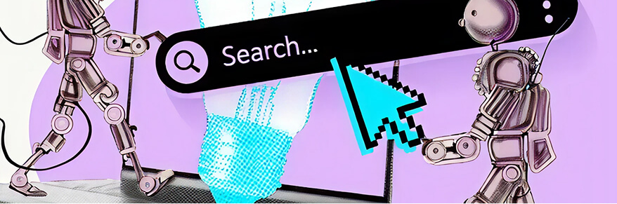 A graphic of robots, a laptop, a lightbulb and a search engine