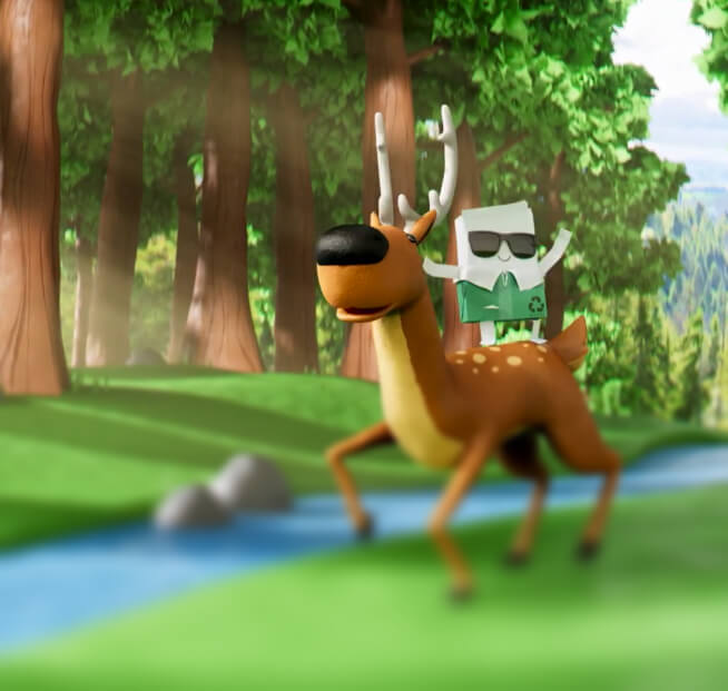 An animated deer and ream of paper running through a forest